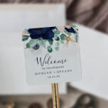 Modern Nautical | Floral Wedding Welcome Square Sticker<br><div class="desc">These modern nautical floral wedding welcome stickers are perfect for a cruise or beach wedding. The whimsical design features blush pink and navy blue watercolor flowers with gold starfish accents, giving it a beachy vibe. Personalise these stickers with the location of your wedding, names, and wedding date. These labels are...</div>