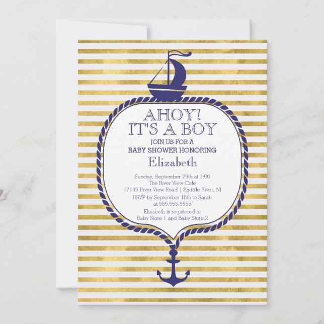 Modern Nautical Gold Stripe Sailboat Baby Shower Invitation (Front)
