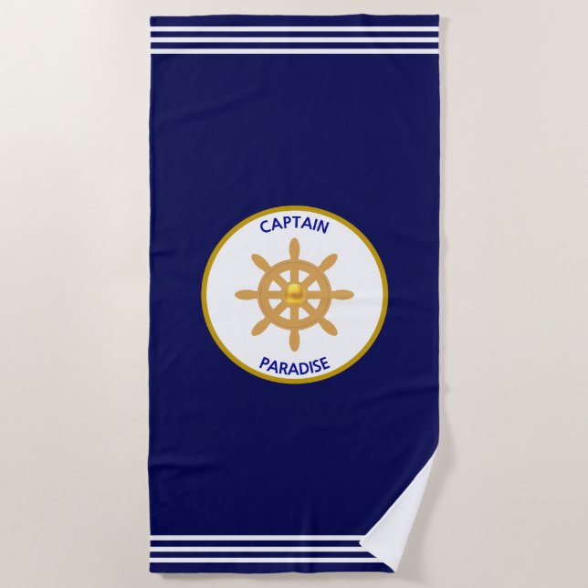 Modern Nautical Golden Ship Wheel on Navy Blue Beach Towel (Front)