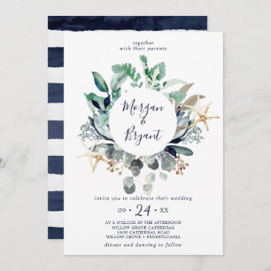 Modern Nautical Greenery Wreath Wedding Invitation