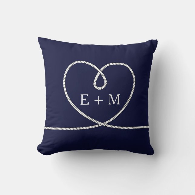 Modern Nautical Heart Rope Monogram Decorative Cushion (Front)