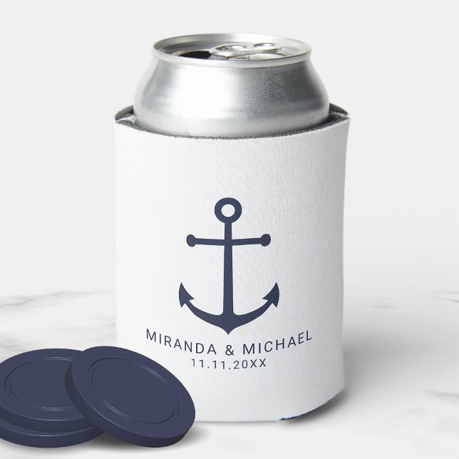 Modern Nautical Navy Blue Anchor Wedding Favour Can Cooler (Creator Uploaded)