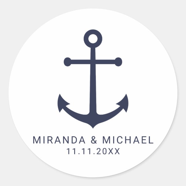 Modern Nautical Navy Blue Anchor Wedding Favour Classic Round Sticker (Front)