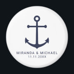 Modern Nautical Navy Blue Anchor Wedding Favour Magnet<br><div class="desc">Modern Minimalist Nautical Navy Blue Anchor Wedding Favour Magnet
featuring navy blue anchor and personalised bride and groom's name with wedding date in navy blue modern sans serif font style on white background.

Perfect for nautical themed wedding,  beach themed wedding and more.</div>