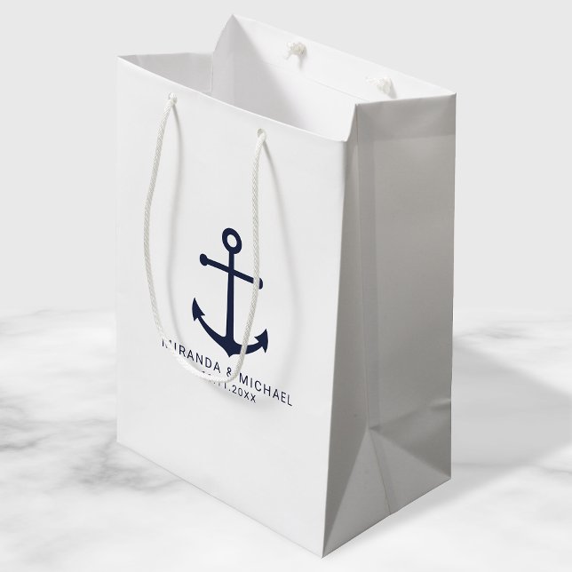 Modern Nautical Navy Blue Anchor Wedding Favour Medium Gift Bag (Creator Uploaded)