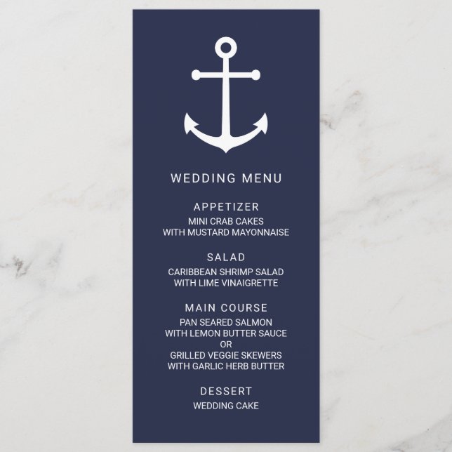 Modern Nautical Navy Blue Anchor Wedding Menu (Front)