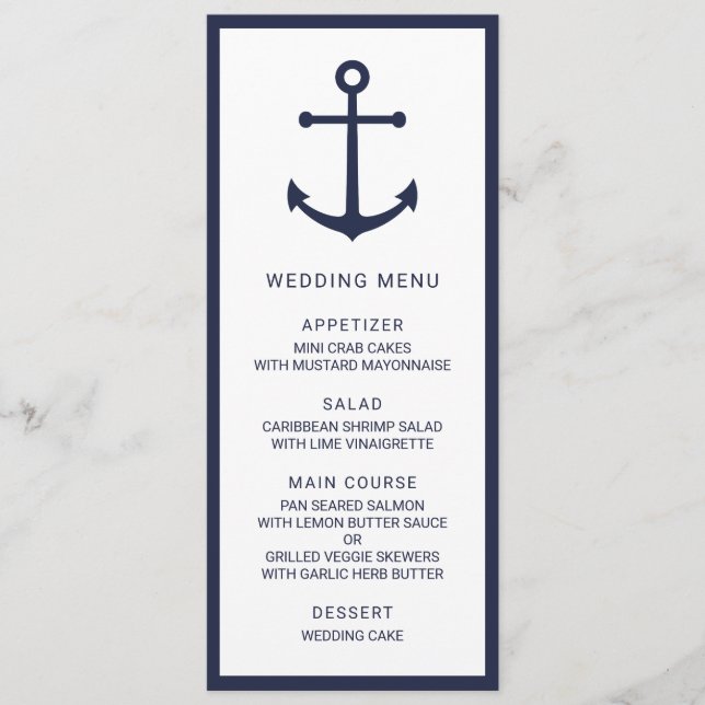 Modern Nautical Navy Blue Anchor Wedding Menu (Front)