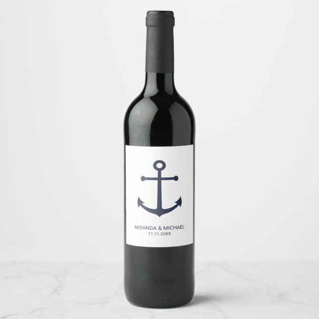 Modern Nautical Navy Blue Anchor Wedding Wine Labe Wine Label (Front)
