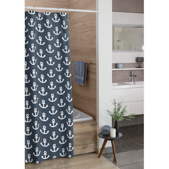Modern Nautical Navy Blue and White Anchor Pattern Shower Curtain (Creator Uploaded)