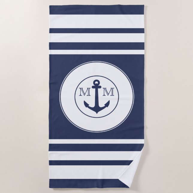 Modern Nautical Navy Blue White Stripes Monogram  Beach Towel (Front)
