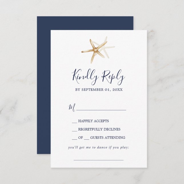 Modern Nautical Navy & Gold Starfish Song Request RSVP Card (Front/Back)