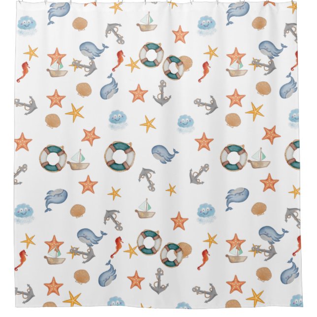 Modern nautical octopus beach ocean anchor white shower curtain (Front)