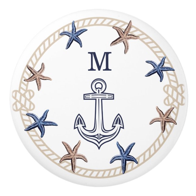 Modern Nautical Photo Navy Blue White Tan Starfish Ceramic Knob (Front)
