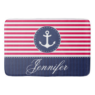 Modern Nautical Red Blue Anchor Personalised Bath Mat