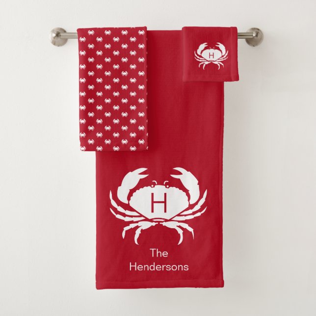 Modern Nautical Red Crab Monogram Name Bath Towel Set (Insitu)