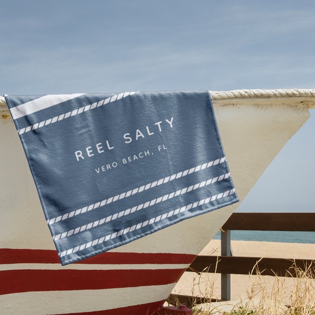 Modern Nautical Rope Stripe Boat Name Beach Towel (Creator Uploaded)
