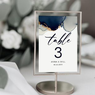 Modern Nautical Script Navy Blue Beach Wedding Table Number