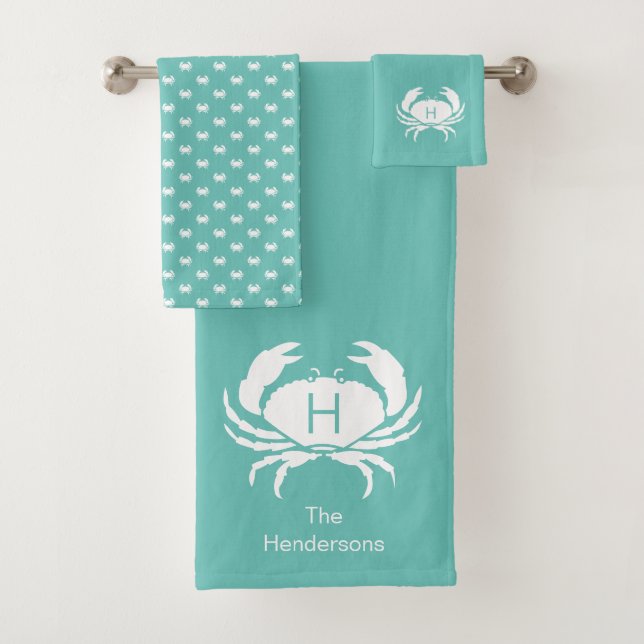 Modern Nautical Seafoam Teal Crab Monogram Name Bath Towel Set (Insitu)