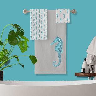 Modern Nautical Seahorse Bathroom Aqua Teal Grey Bath Towel Set