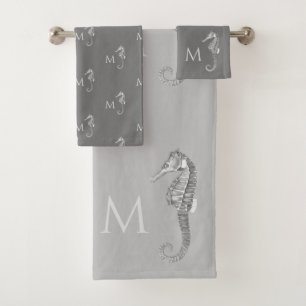 Modern Nautical Seahorse Bathroom Marine Grey   Bath Towel Set