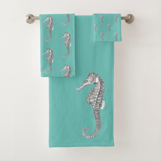 Modern Nautical Seahorse Bathroom Seafoam Green Bath Towel Set (Insitu)