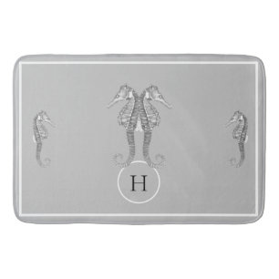 Modern Nautical Seahorse  Marine Grey  Kitchen  Bath Mat