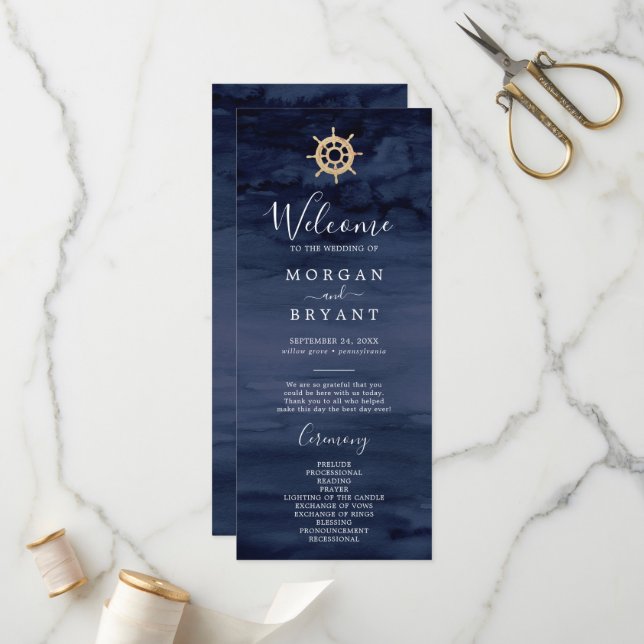 Modern Nautical | Ship Helm Wedding Program (Front/Back In Situ)