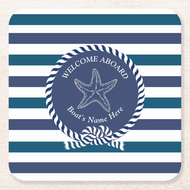 Modern Nautical Stripe Turquoise Navy Blue White Square Paper Coaster (Front)