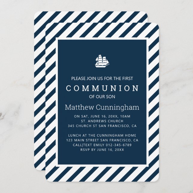Modern Nautical Stripes Communion Invitation (Front/Back)