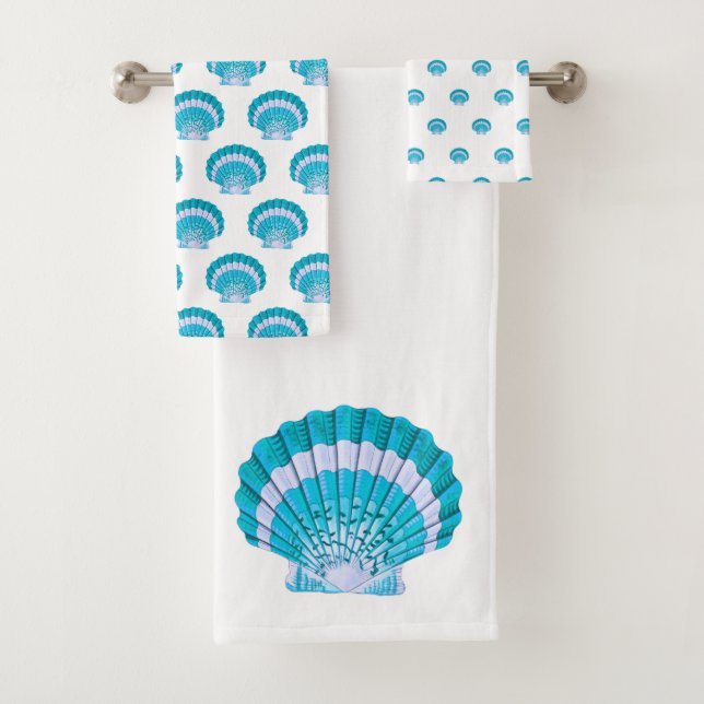 Modern Nautical Teal Blue Seashell Shell Beach  Bath Towel Set (Insitu)