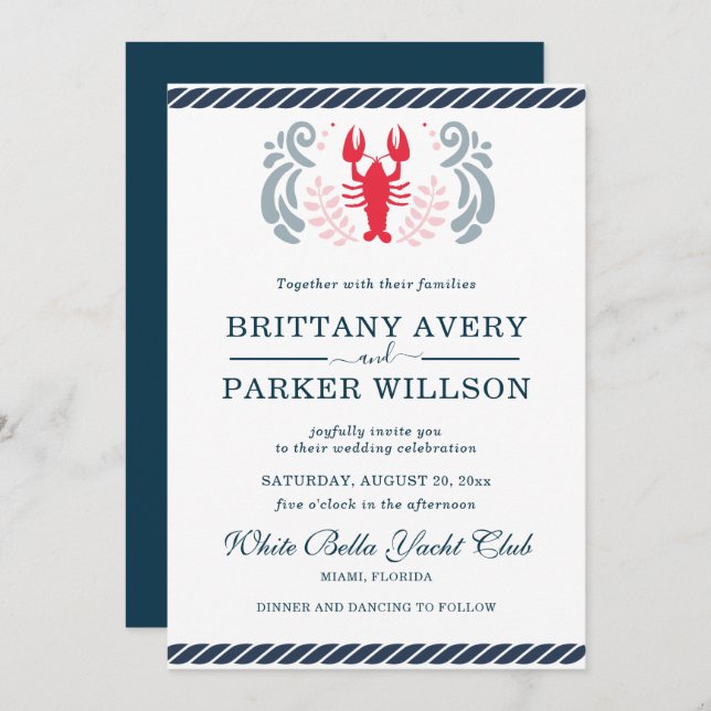 Modern Nautical Wedding Crab Invitation (Front/Back)