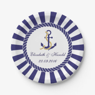 Modern Nautical Wedding Navy Blue White Stripes Paper Plate