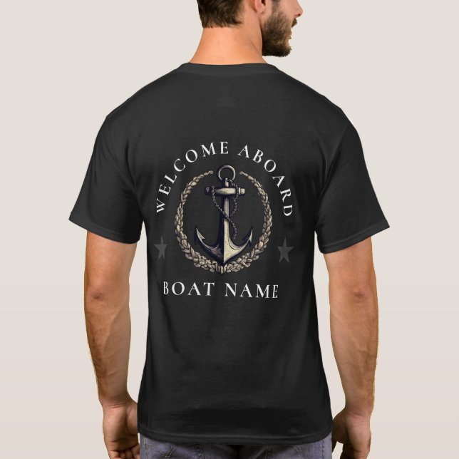 Modern Nautical Welcome Aboard Boat Name Anchor  T-Shirt (Back)