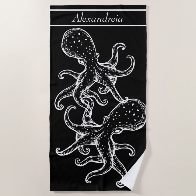 Modern Nautical White Octopus ocean black Beach Towel (Front)