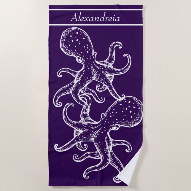 Modern Nautical White Octopus ocean purple Beach Towel (Front)