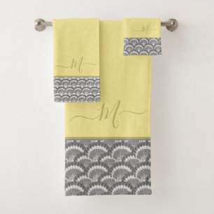Modern Nautical Yellow Grey Seashell Shell Elegant Bath Towel Set