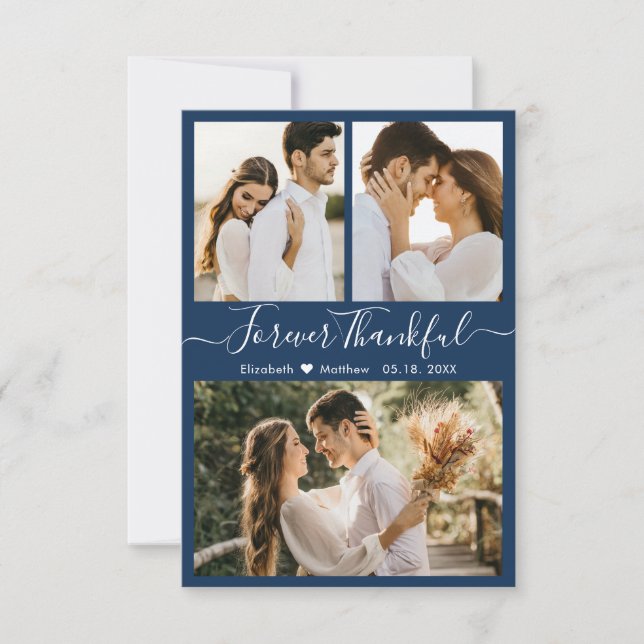 Modern Navy 3 Photo Collage Wedding Thank You Card (Front)