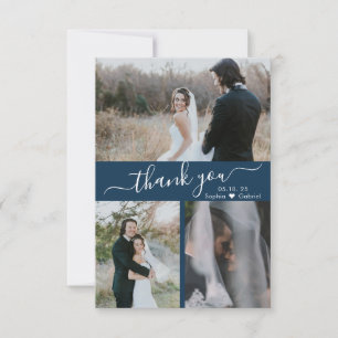 Modern Navy 3 Photo Collage Wedding Thank You Card
