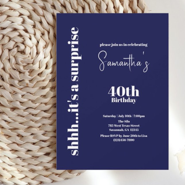 Modern Navy 40th Surprise Birthday Invitation (Creator Uploaded)