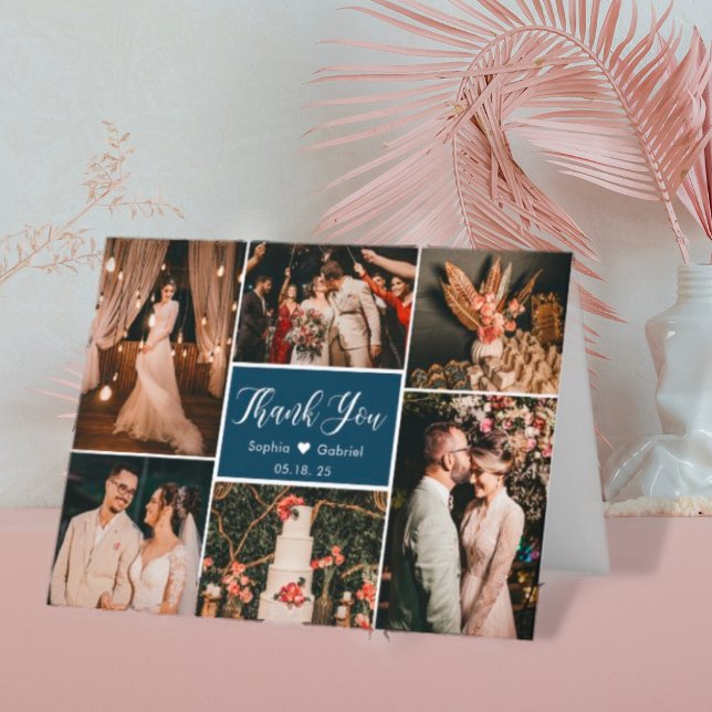 Modern Navy 6 Photo Collage Wedding Thank You Card (Creator Uploaded)