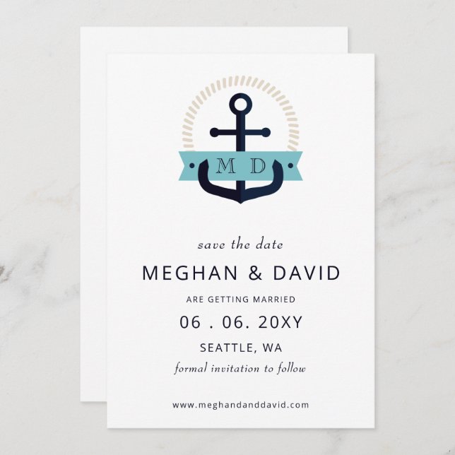 Modern Navy Anchor Nautical Monogram Wedding  Save Save The Date (Front/Back)