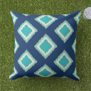 Modern Navy and Aqua Blue Diamond Ikat Pattern Outdoor Cushion