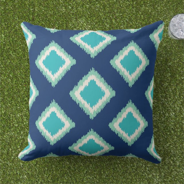 Modern Navy and Aqua Blue Diamond Ikat Pattern Outdoor Cushion (Grass)