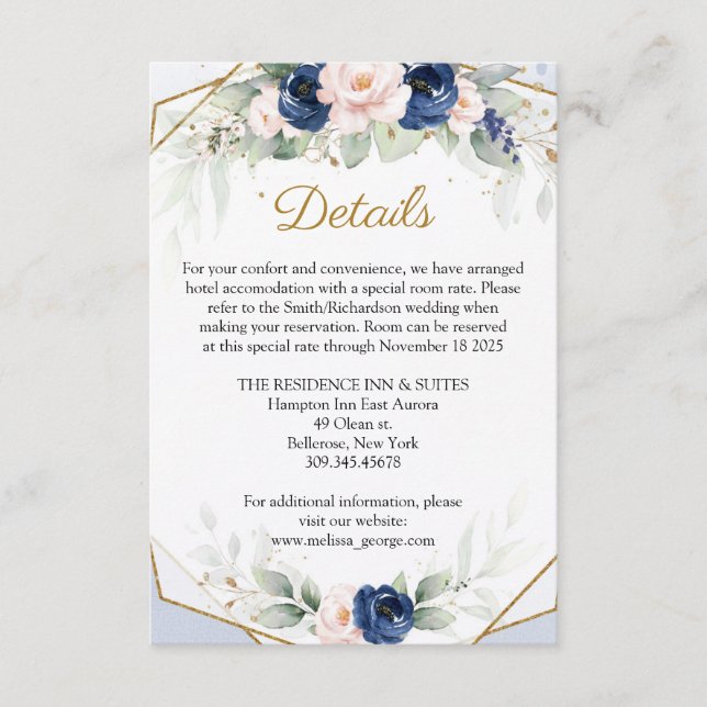 Modern Navy and Blush Floral Greenery Details Enclosure Card (Front)