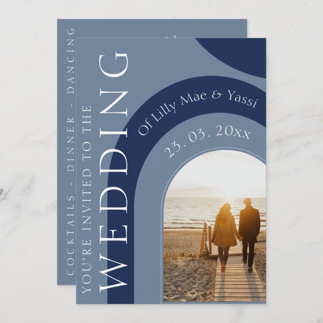 Modern Navy and Dusty Blue Arch Photo Wedding Invitation (Front/Back)