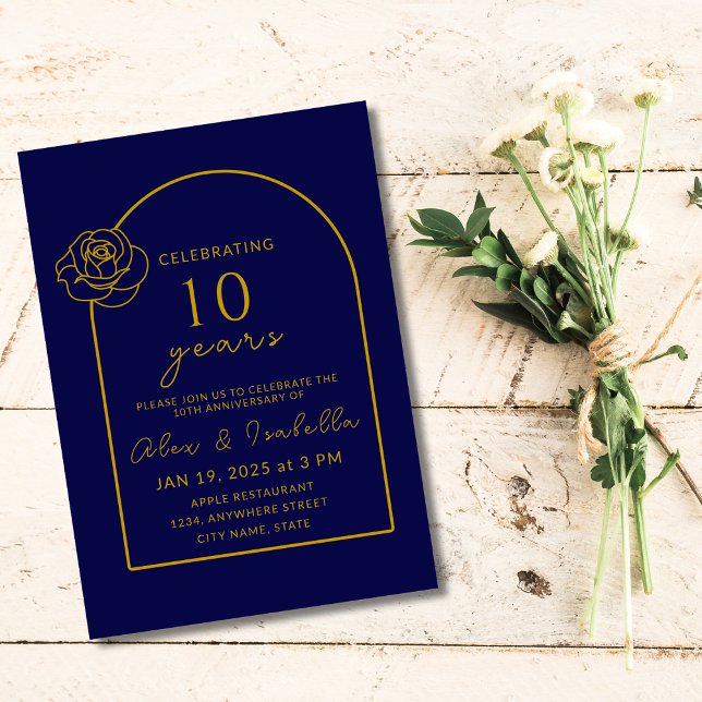 Modern Navy and Gold 10th Wedding Anniversary Invitation (Modern Navy blue and gold 10th year wedding anniversary invitation for party invite)