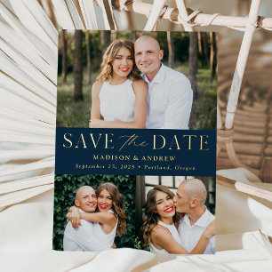 Modern Navy and Gold Foil 3 Photo Save the Date