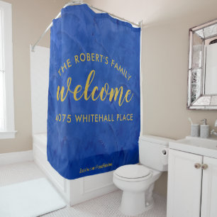 Modern Navy and Gold Personalised Name Shower Curtain