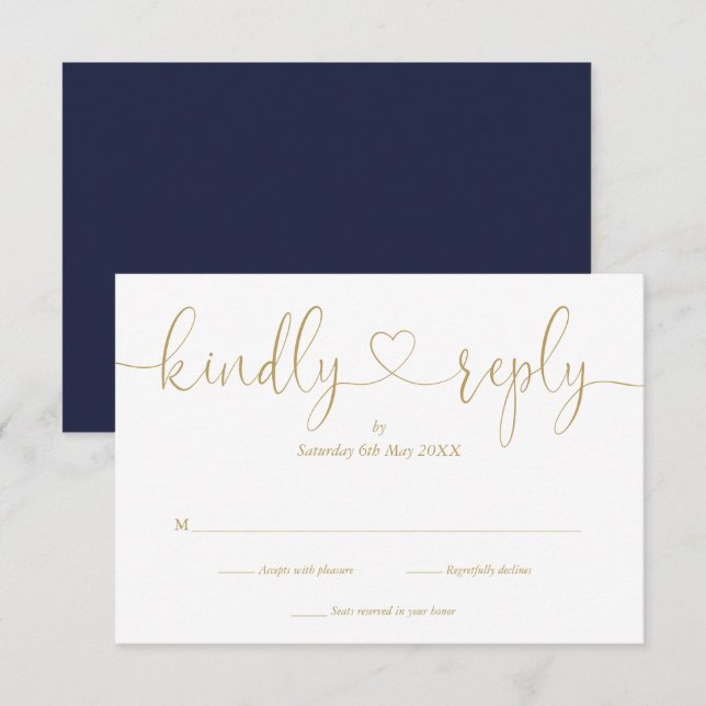 Modern Navy And Gold Script Heart Kindly Reply   RSVP Card (Front/Back)