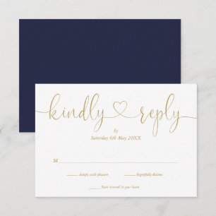 Modern Navy And Gold Script Heart Kindly Reply RSVP Card